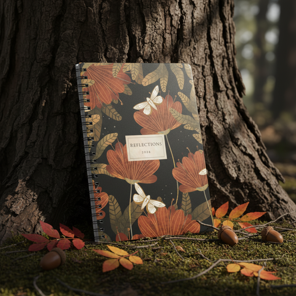 Weathered tree bark with autumn foliage