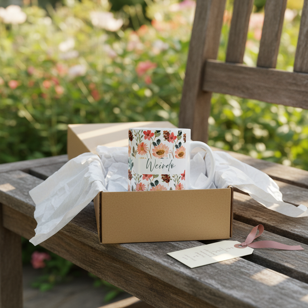 Weirdo mug in gift box on garden bench