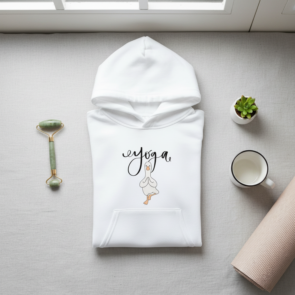 White hoodie with 'eyoga' script and duck yoga pose graphic, flat lay