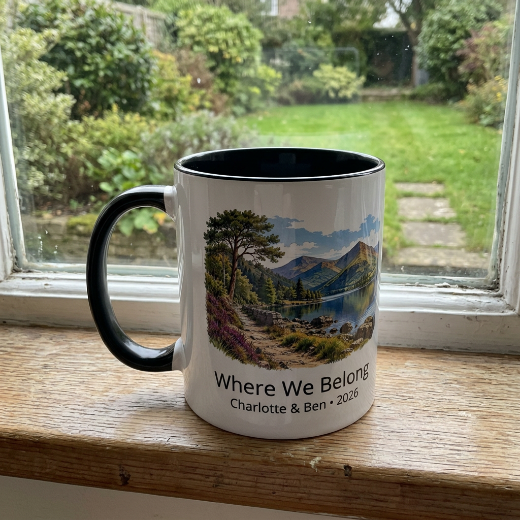 Where We Belong mug on a cottage windowsill