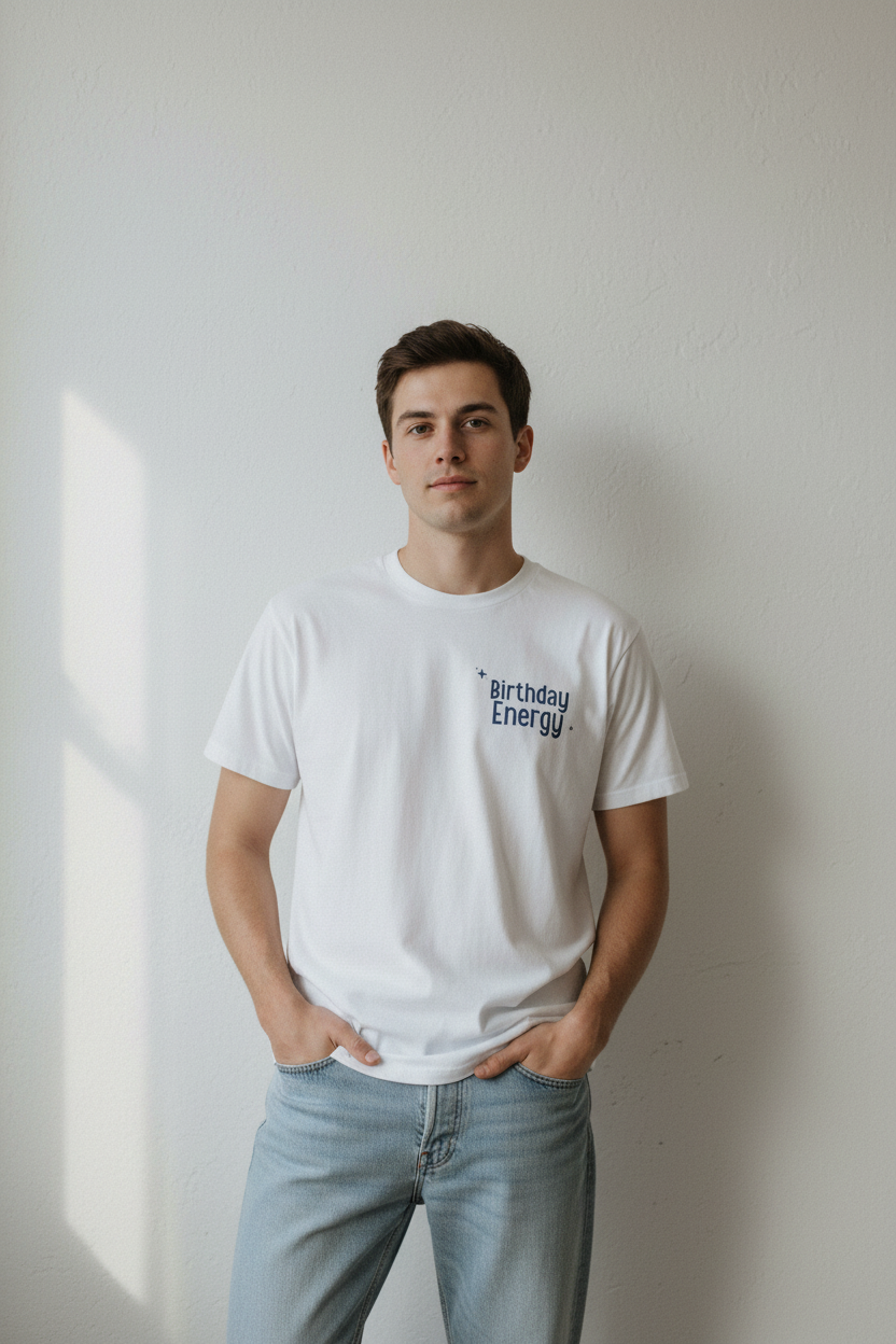 White crew-neck short-sleeve T-shirt with 'Birthday Energy' logo at center chest