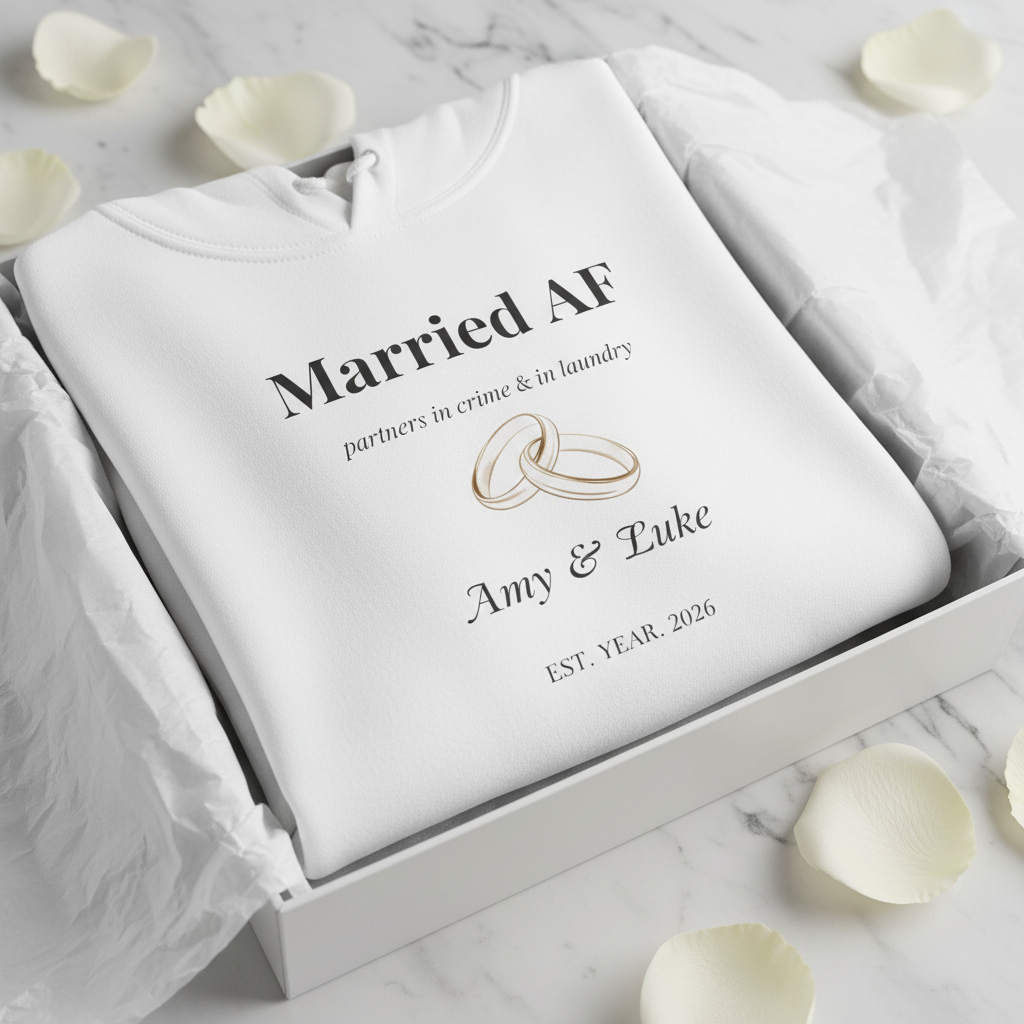 White couples hoodie in a box with “Married AF” text, ring graphic, and names