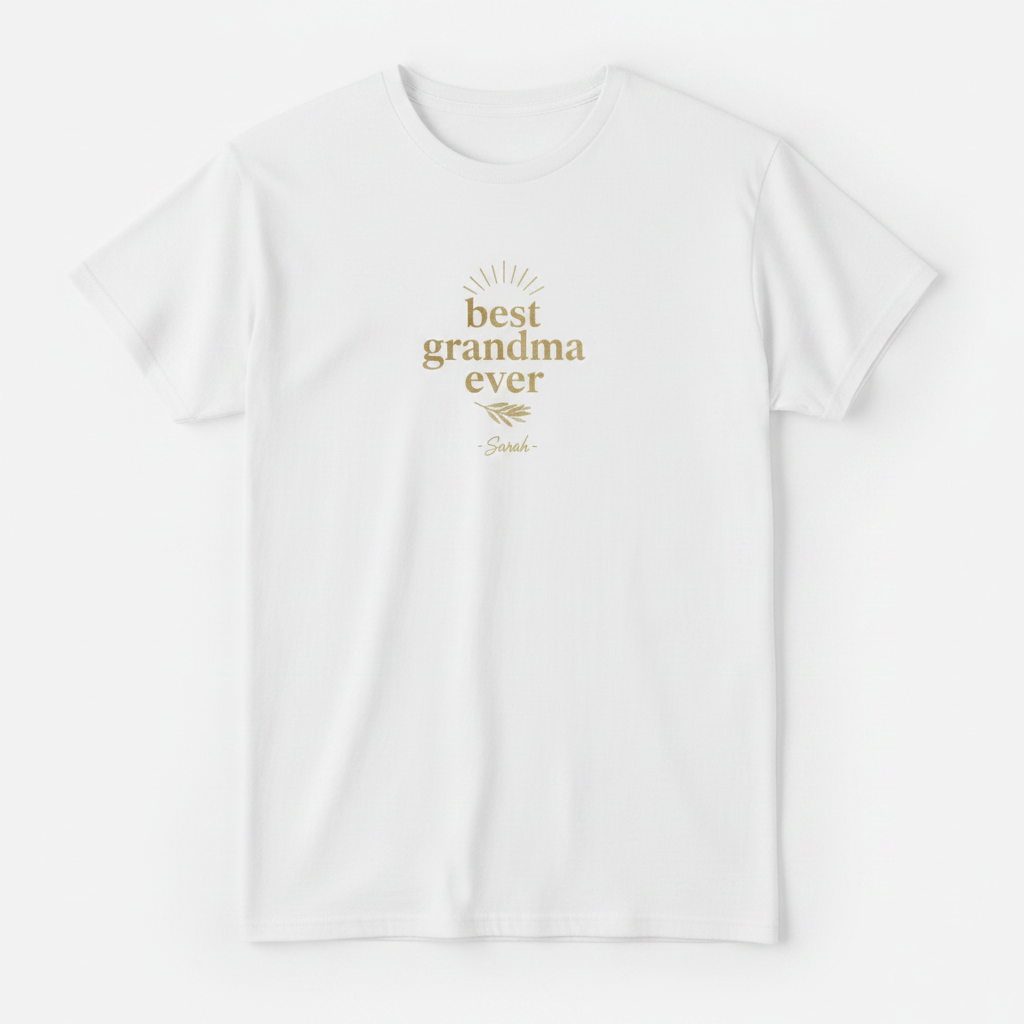 White personalized t-shirt with gold “best grandma ever” graphic on the front