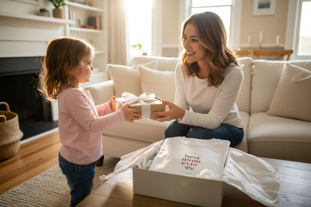 T-shirt with gold "best mum ever" print, folded inside a gift box