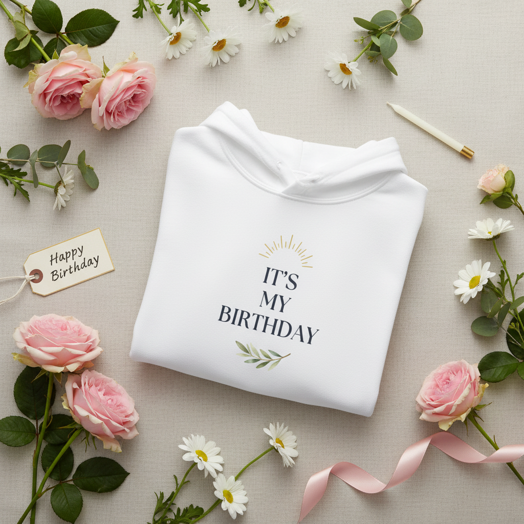 White hooded sweatshirt, folded, with 'It's My Birthday' chest graphic