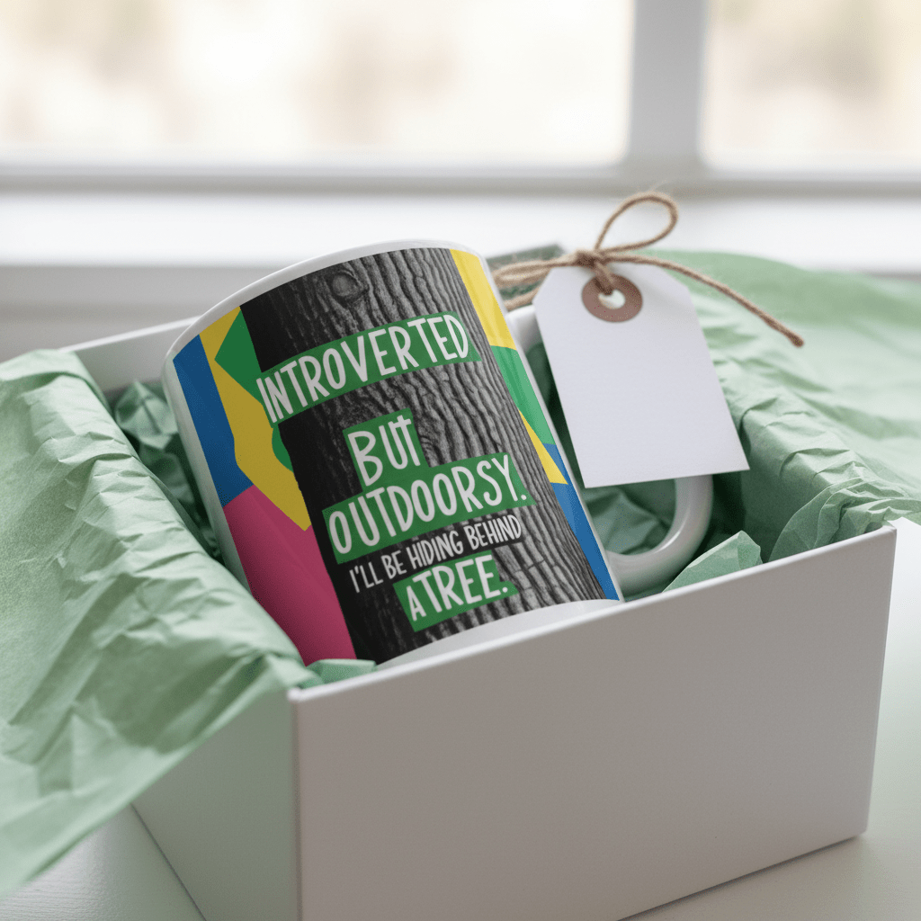 White mug with colorful nature quote and tied gift tag