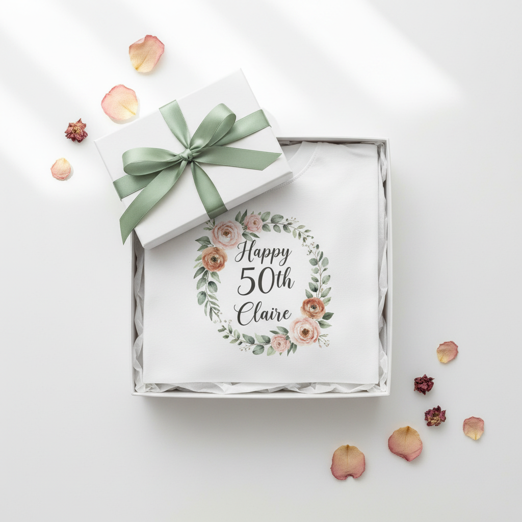 White Box Sage Ribbon — Happy 50th Claire