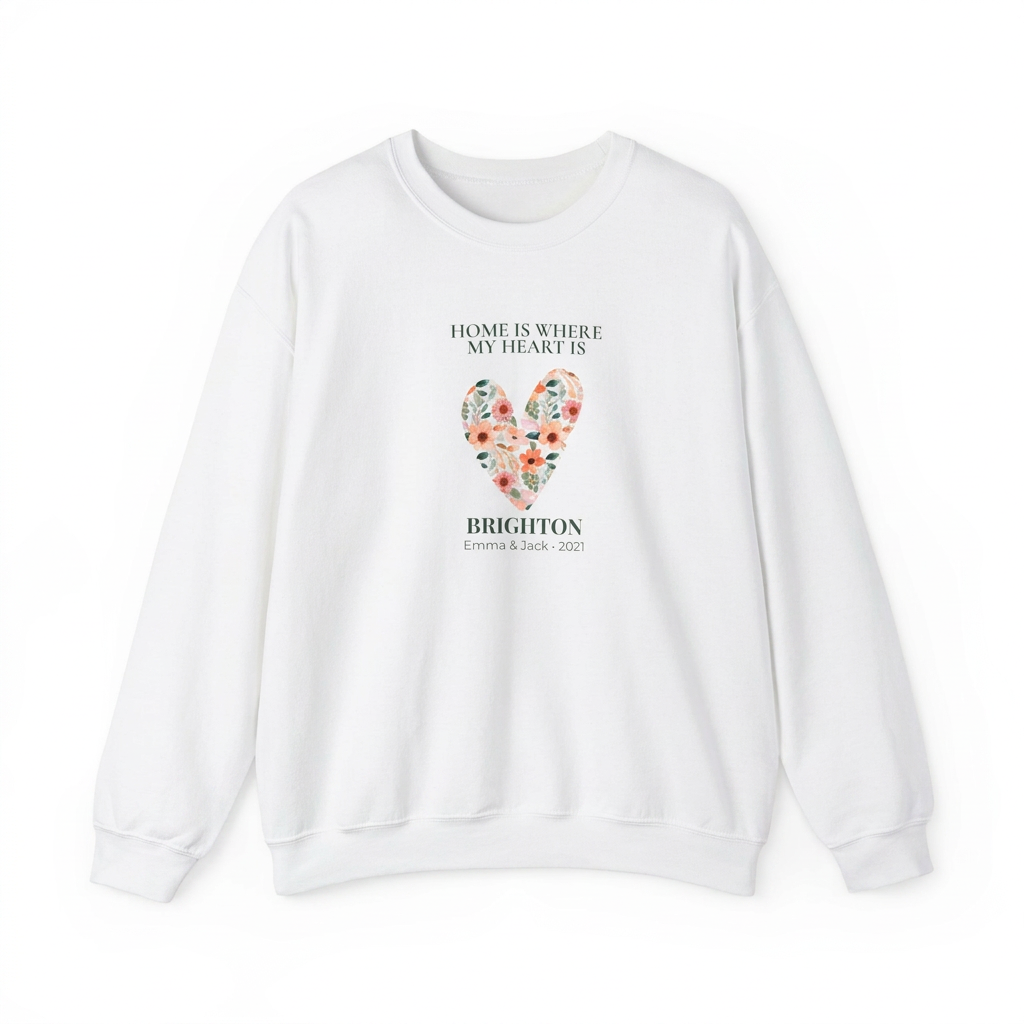 White crewneck sweatshirt with floral heart graphic and Brighton text