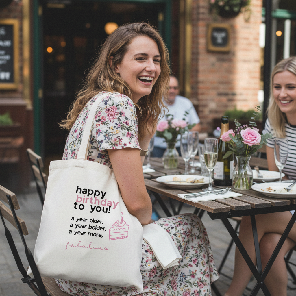 Cotton tote bag carried at side, 'happy birthday to you!' pink cupcake print.