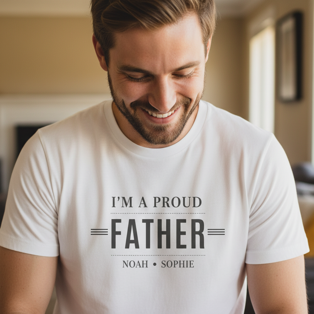 White dad T-shirt close-up with 'I'M A PROUD FATHER' and names NOAH • SOPHIE