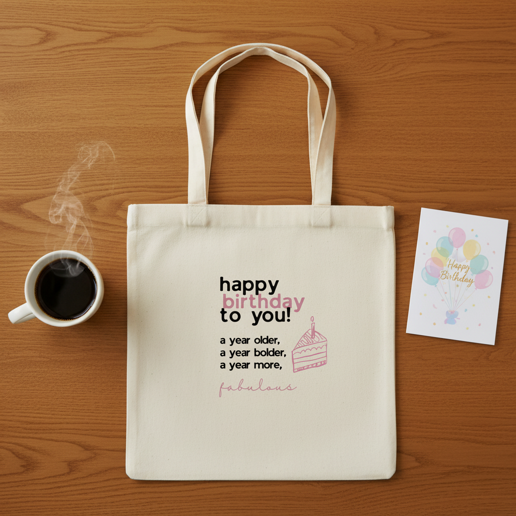 White cotton tote bag with 'happy birthday to you' front print and cake icon.