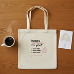 White cotton tote bag with 'happy birthday to you' front print and cake icon.