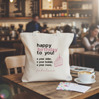Cotton tote bag with happy birthday text and cake graphic