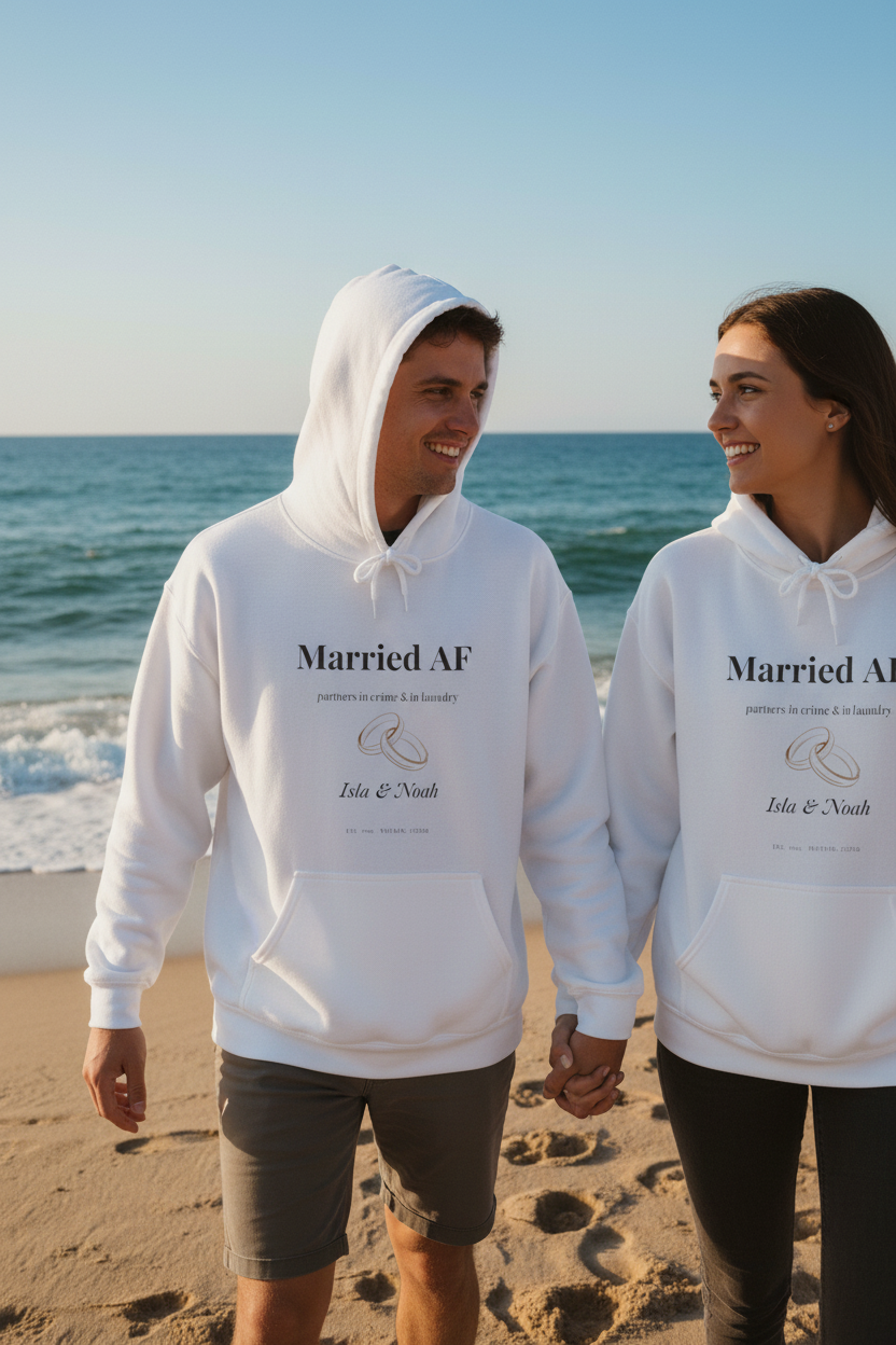 Couples hoodie, white with hood and 'Married AF' text on the chest