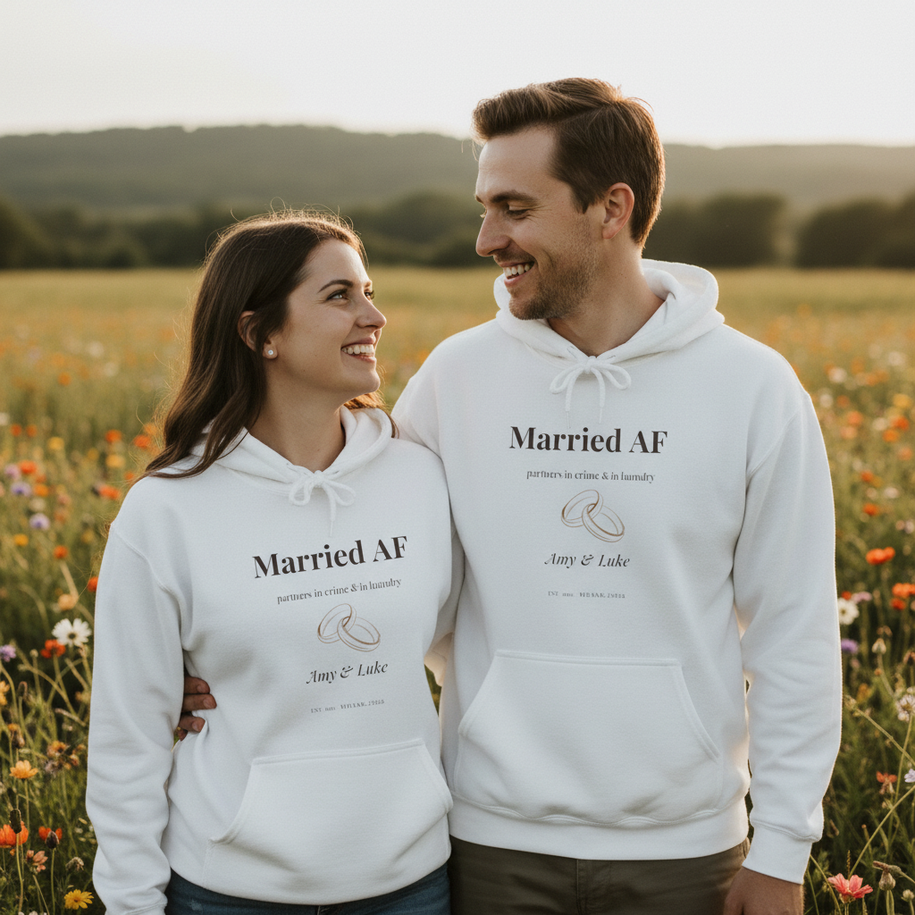 Couples hoodie, white with 'Married AF' front print and kangaroo pocket