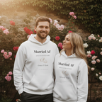 Couples hoodie, white hooded sweatshirt with 'Married AF' and couple names print