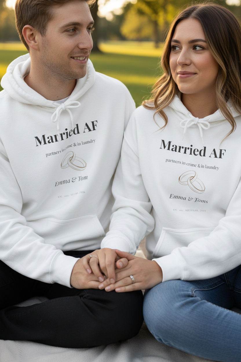 Two white couples hoodies worn by a pair, each with “Married AF” text on the chest
