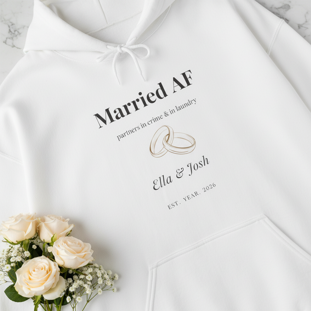 White couples hoodie with “Married AF” print, ring graphic, and front pocket detail