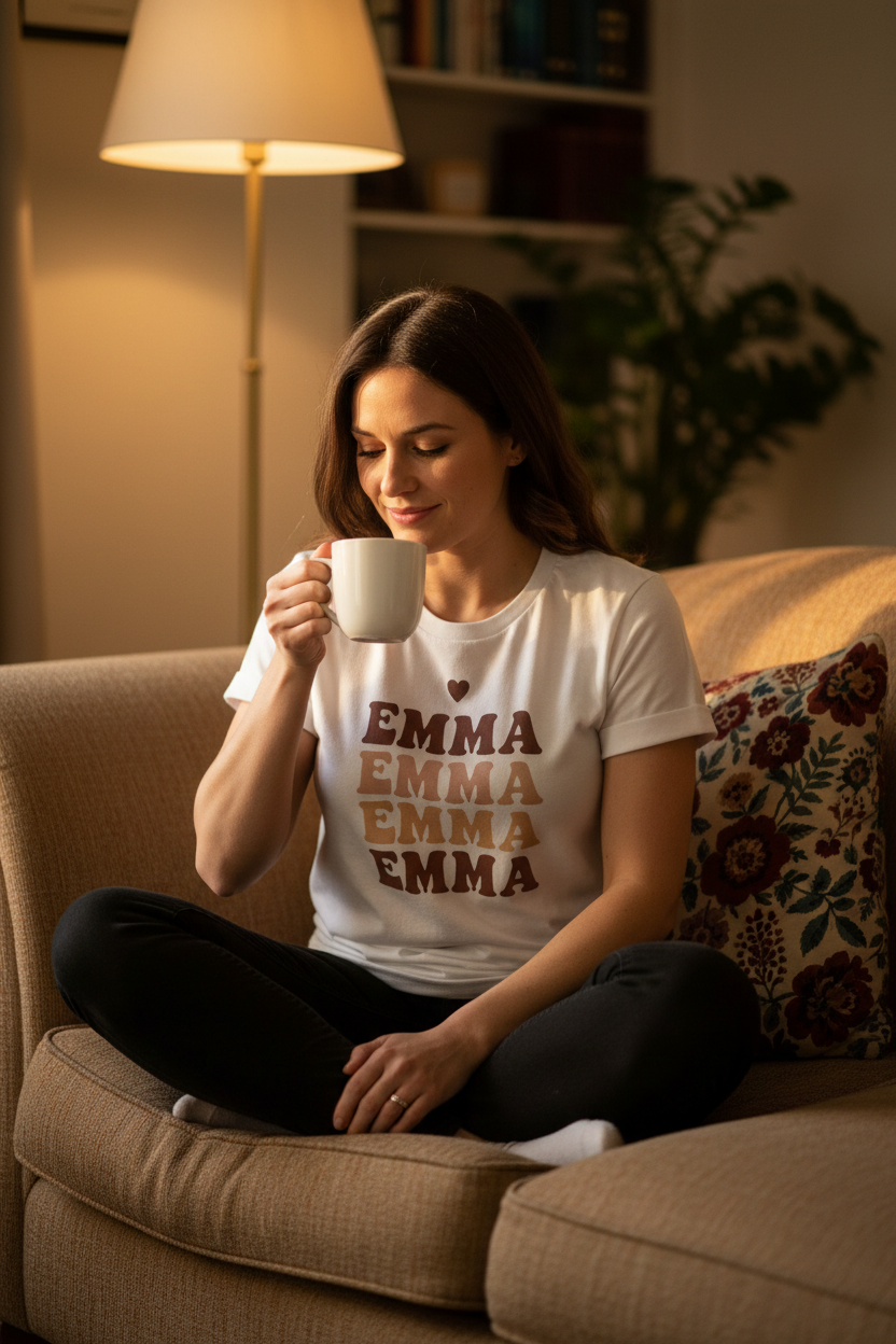 Women’s white T-shirt with stacked ombre “EMMA” graphic text
