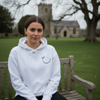 White unisex yoga hoodie with hood, drawstrings, kangaroo pocket, chest yoga emblem