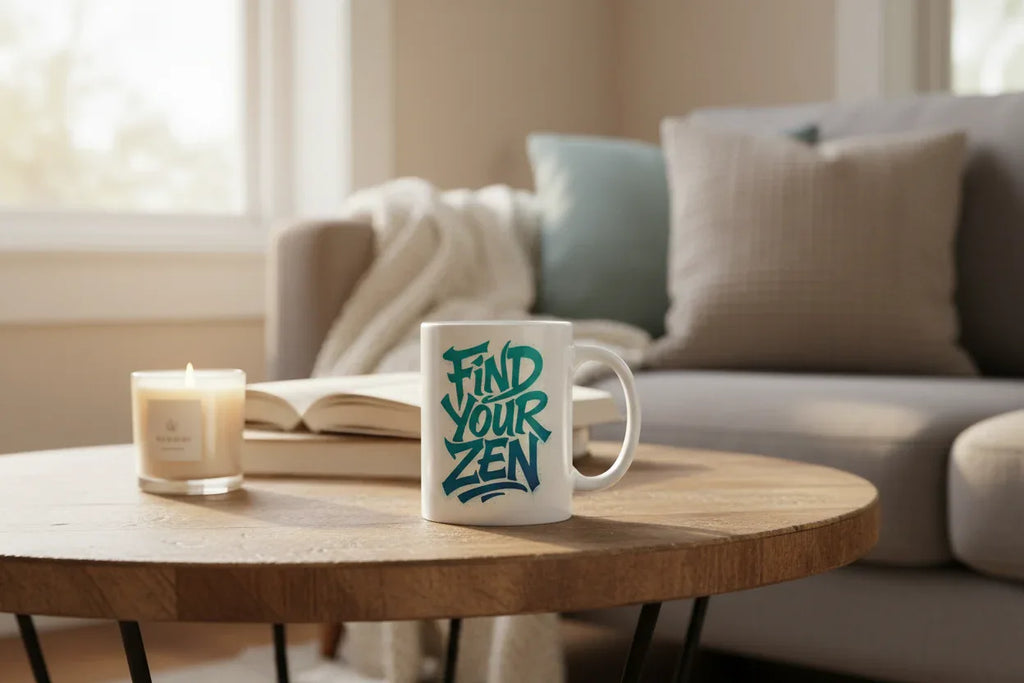 White mug with "Find Your Zen" lettering, on wooden table