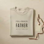 Sand dad T-shirt with 'I'M A PROUD FATHER' and names MAX • EVIE • CHARLIE • ROSE
