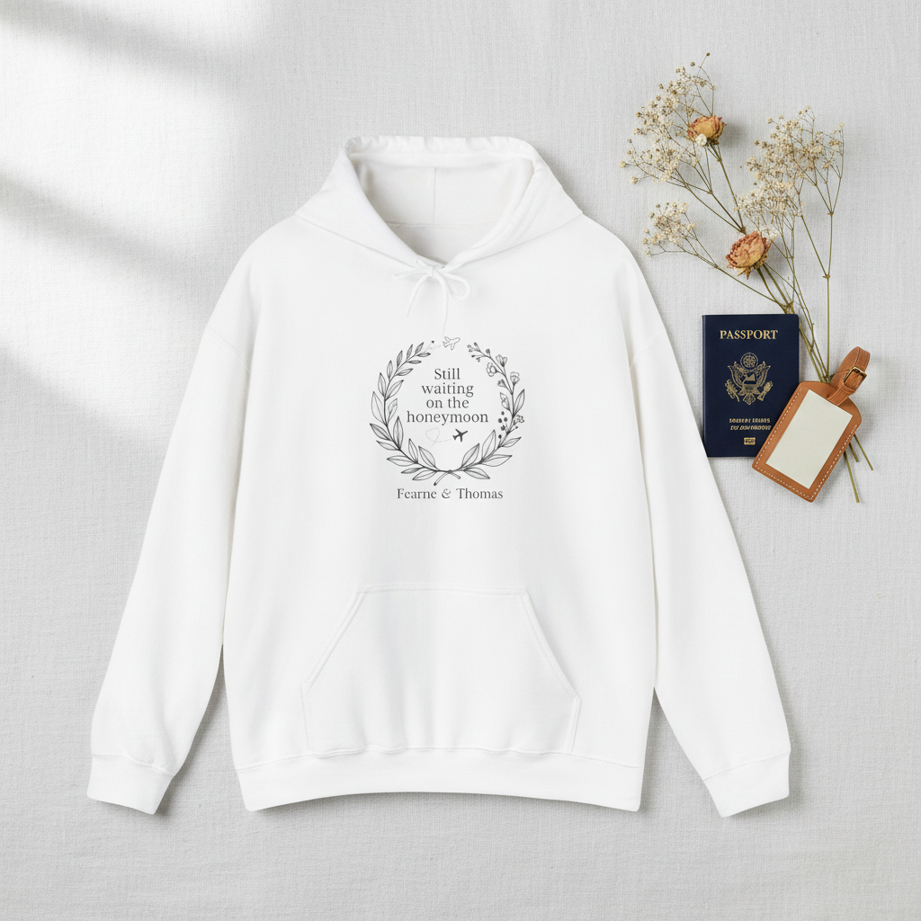 White personalized couples hoodie with front pouch, hood drawstrings, wreath text print