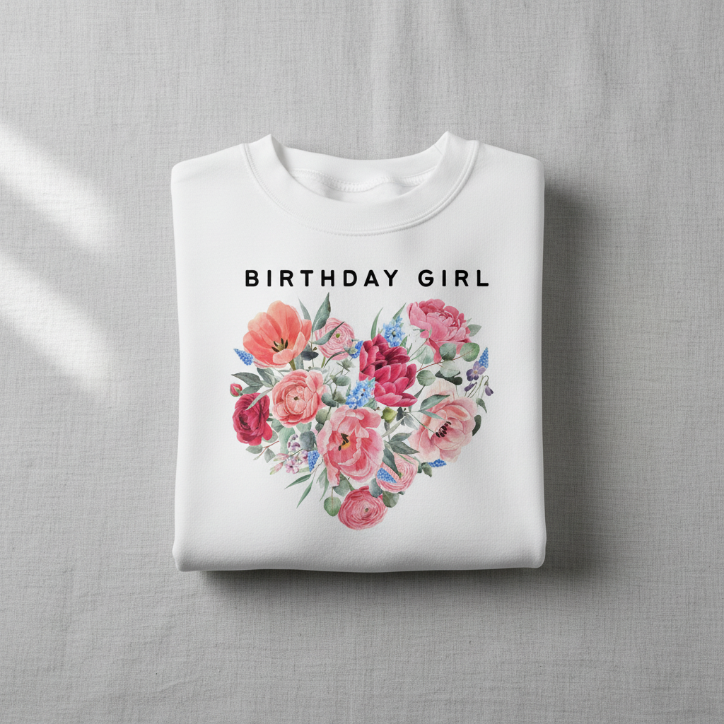 White sweatshirt with "BIRTHDAY GIRL" text and floral heart graphic