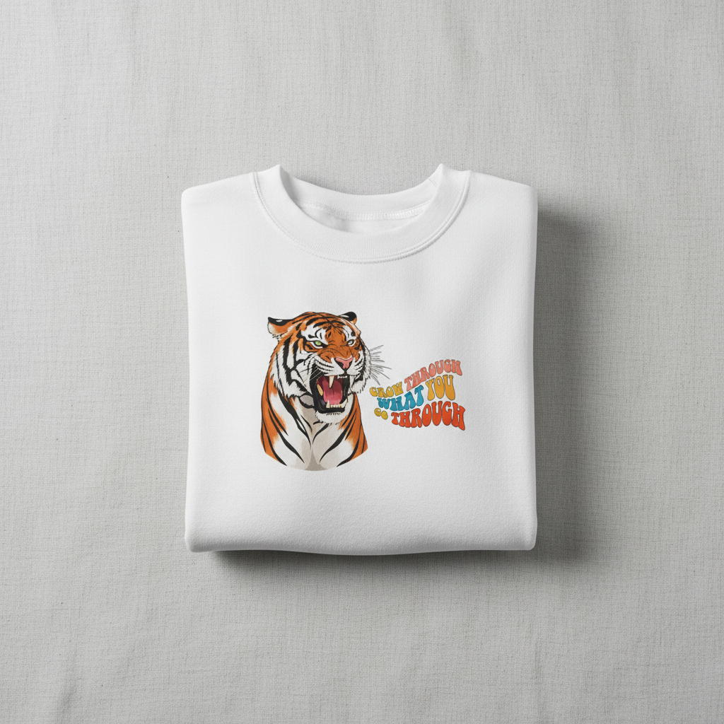 White sweatshirt with tiger graphic and orange multicolor “grow through” text