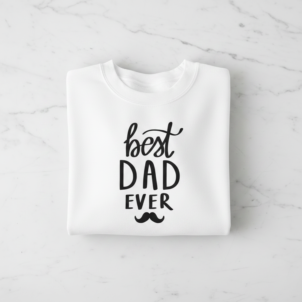 White crewneck sweatshirt with black 'best DAD EVER' graphic print