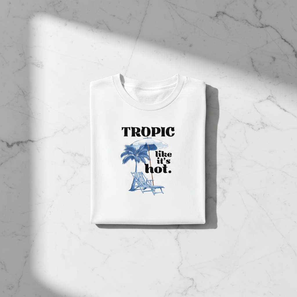 White crewneck T-shirt with tropical palm, umbrella, and “like it’s hot” print