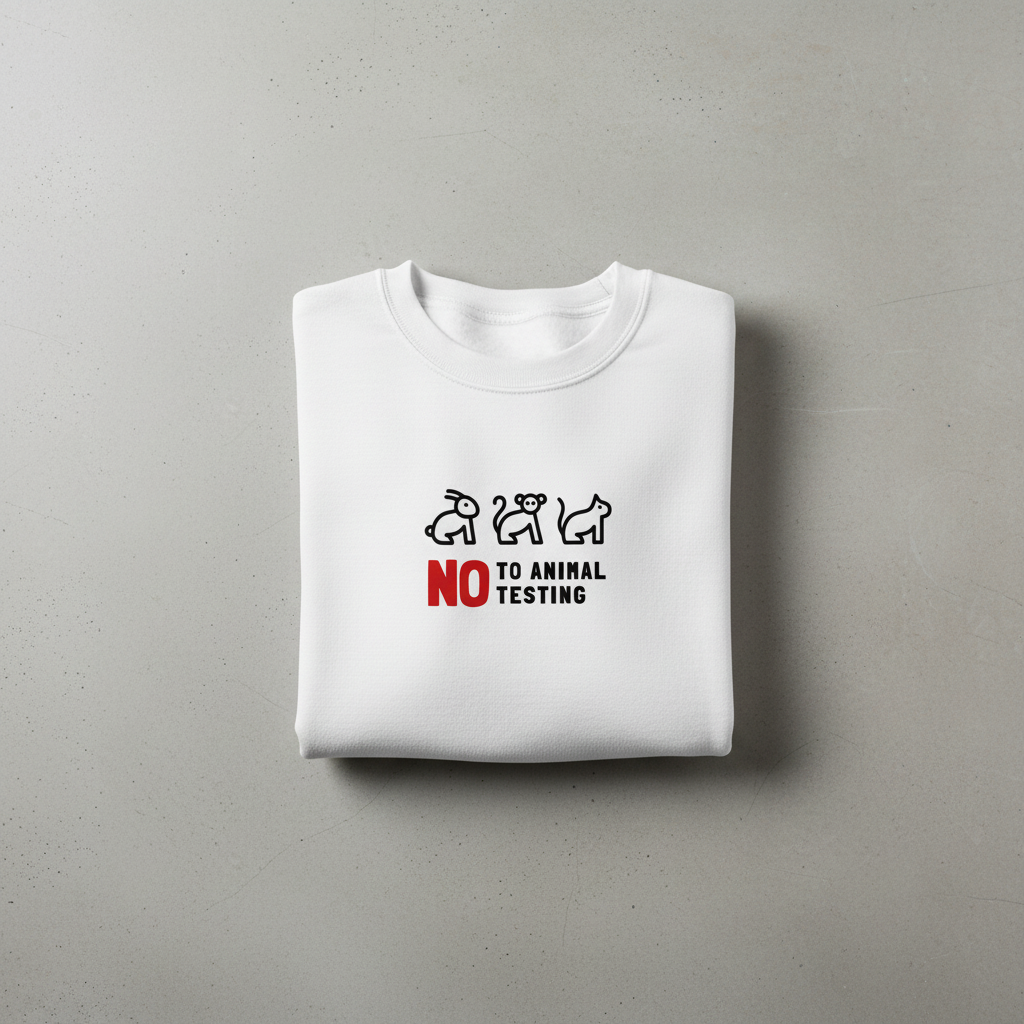 White crewneck sweatshirt with “No to animal testing” chest graphic