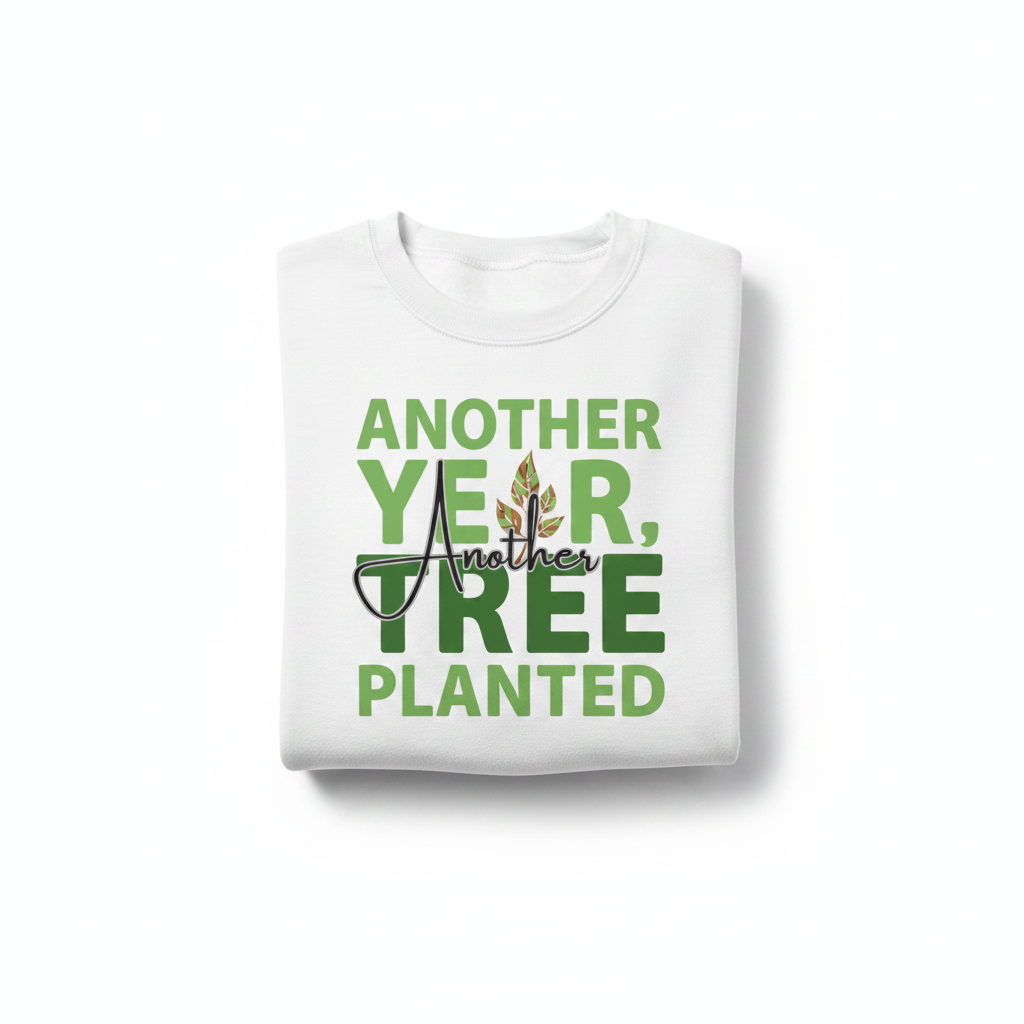 White sweatshirt with green 'Another Year, Another Tree Planted' front graphic