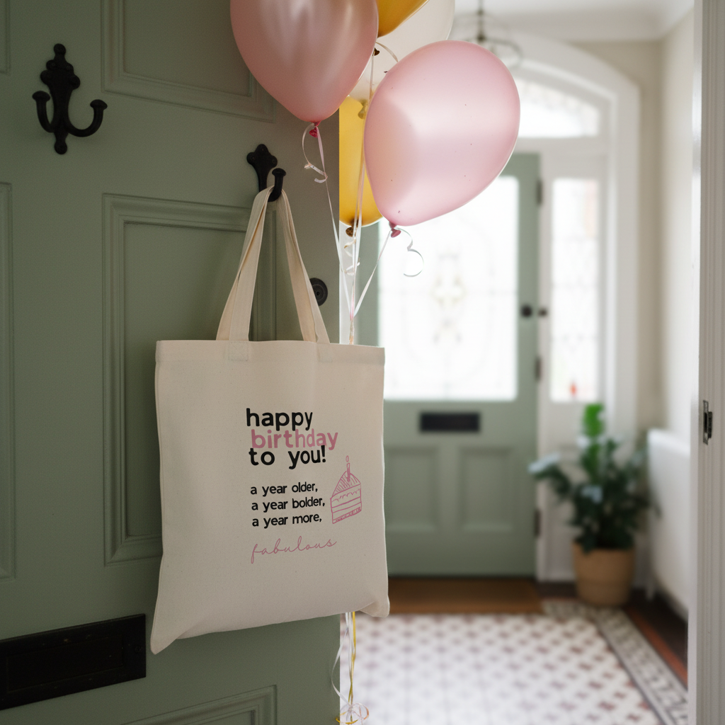 Light cotton tote bag with 'happy birthday to you!' pink cupcake graphic.