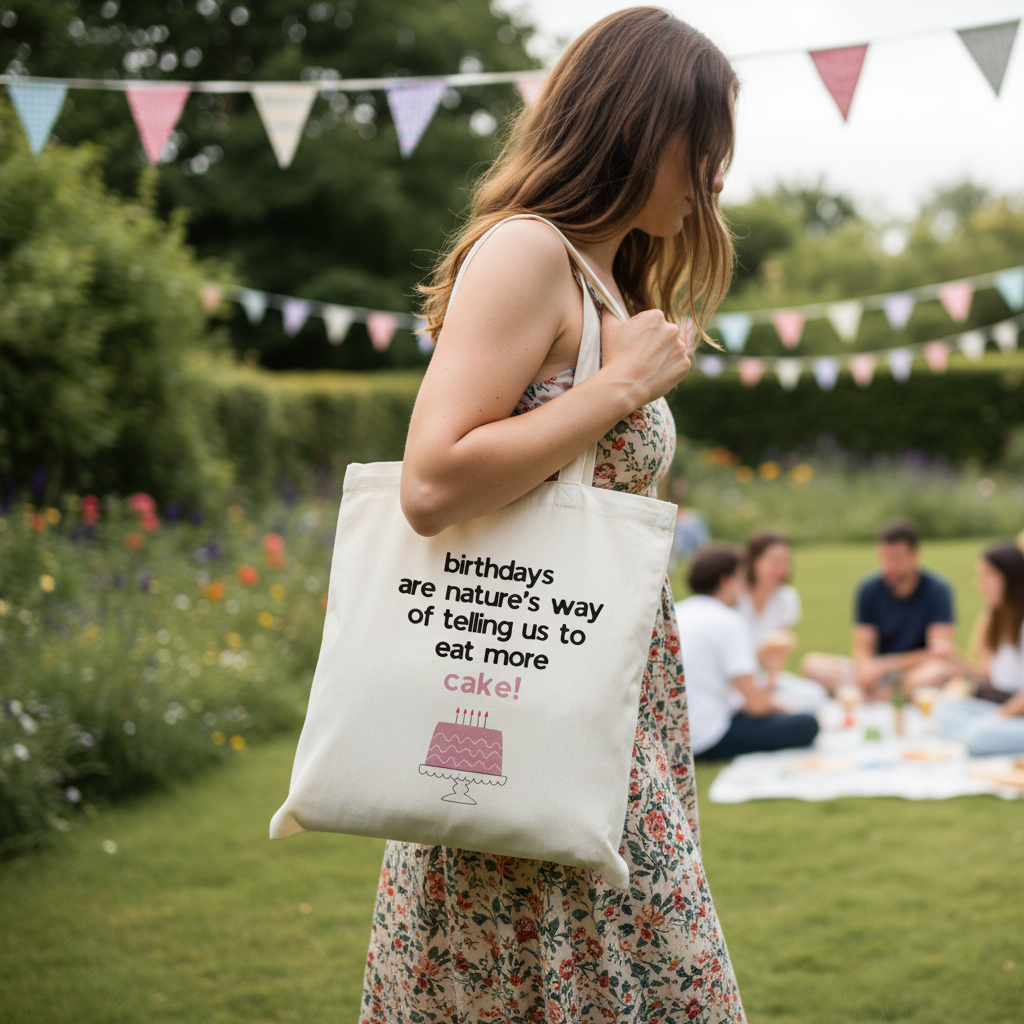 Cream tote bag with birthday quote and pink cake graphic, carried outdoors