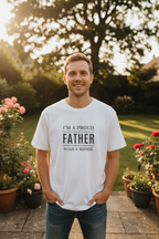 White dad T-shirt with 'I'M A PROUD FATHER' graphic and names NOAH • SOPHIE
