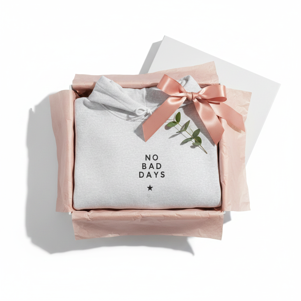 Gray hooded sweatshirt in box with bow; “No Bad Days” chest graphic