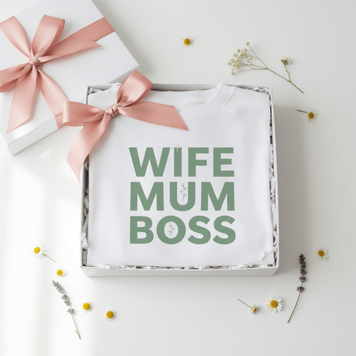White T-shirt with green “WIFE MUM BOSS” slogan in a gift box