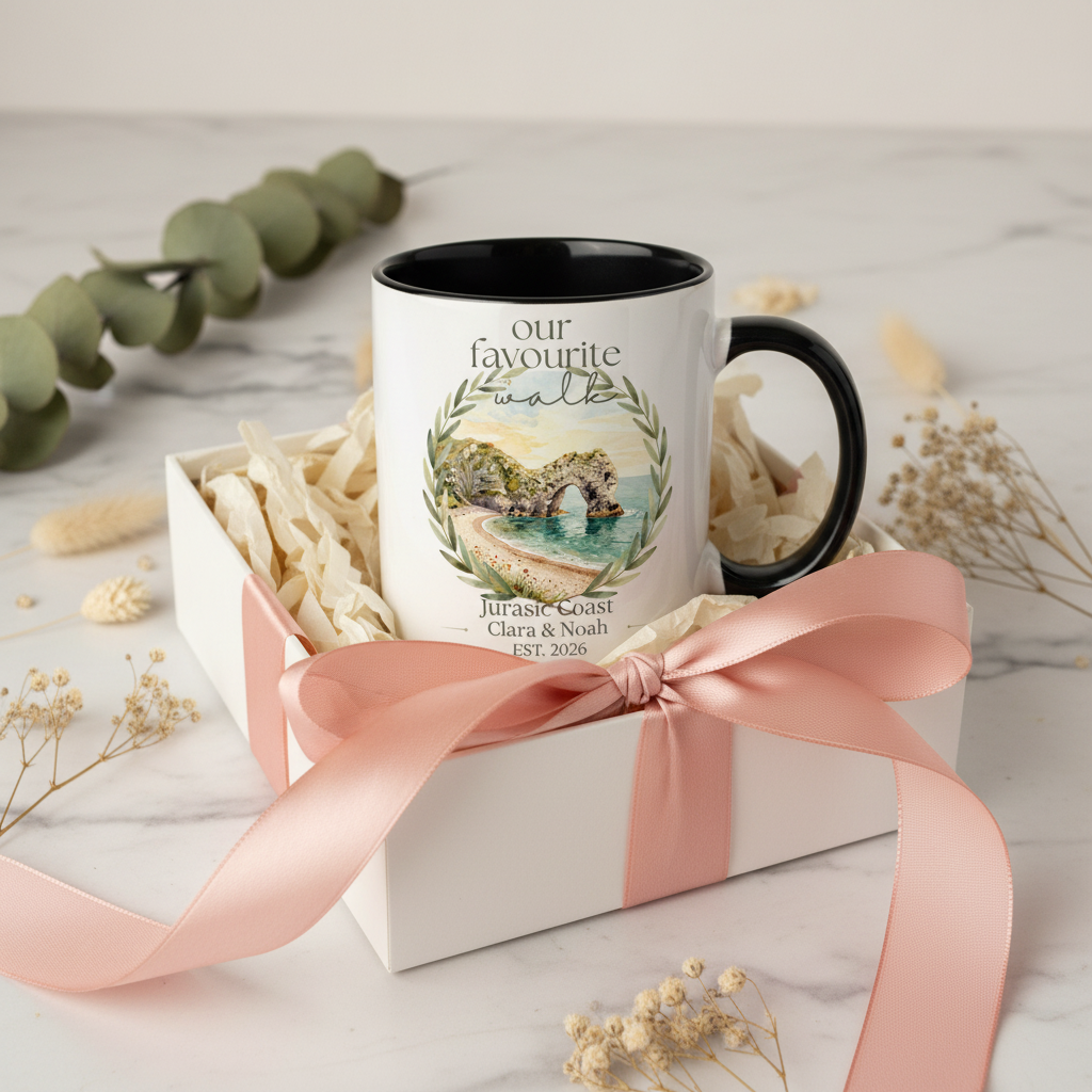 White Gift Box & Blush Ribbon – Jurassic Coast – Clara & Noah – EST. 2026