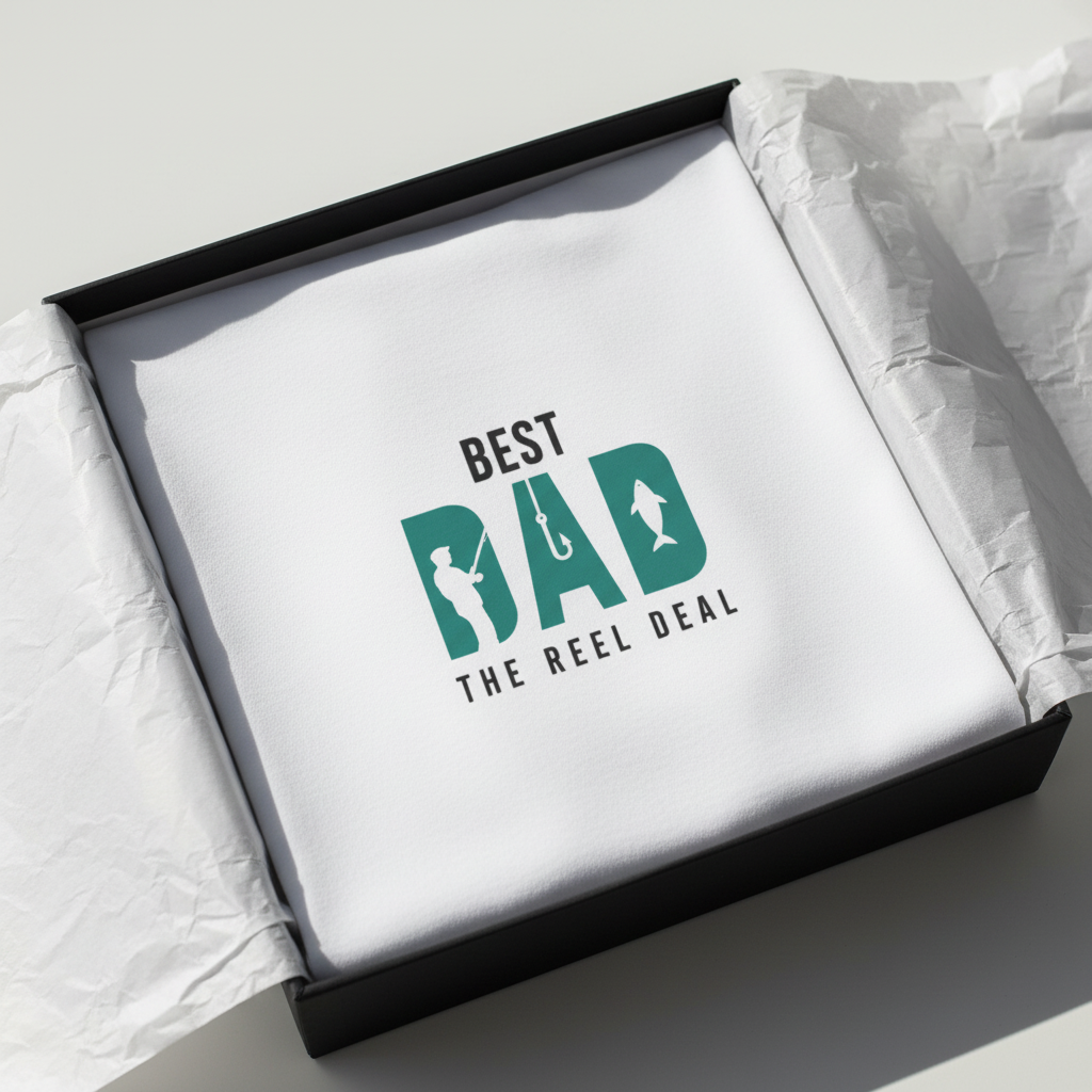 White t-shirt with small green “BEST DAD” paw/reel graphic, crew neck