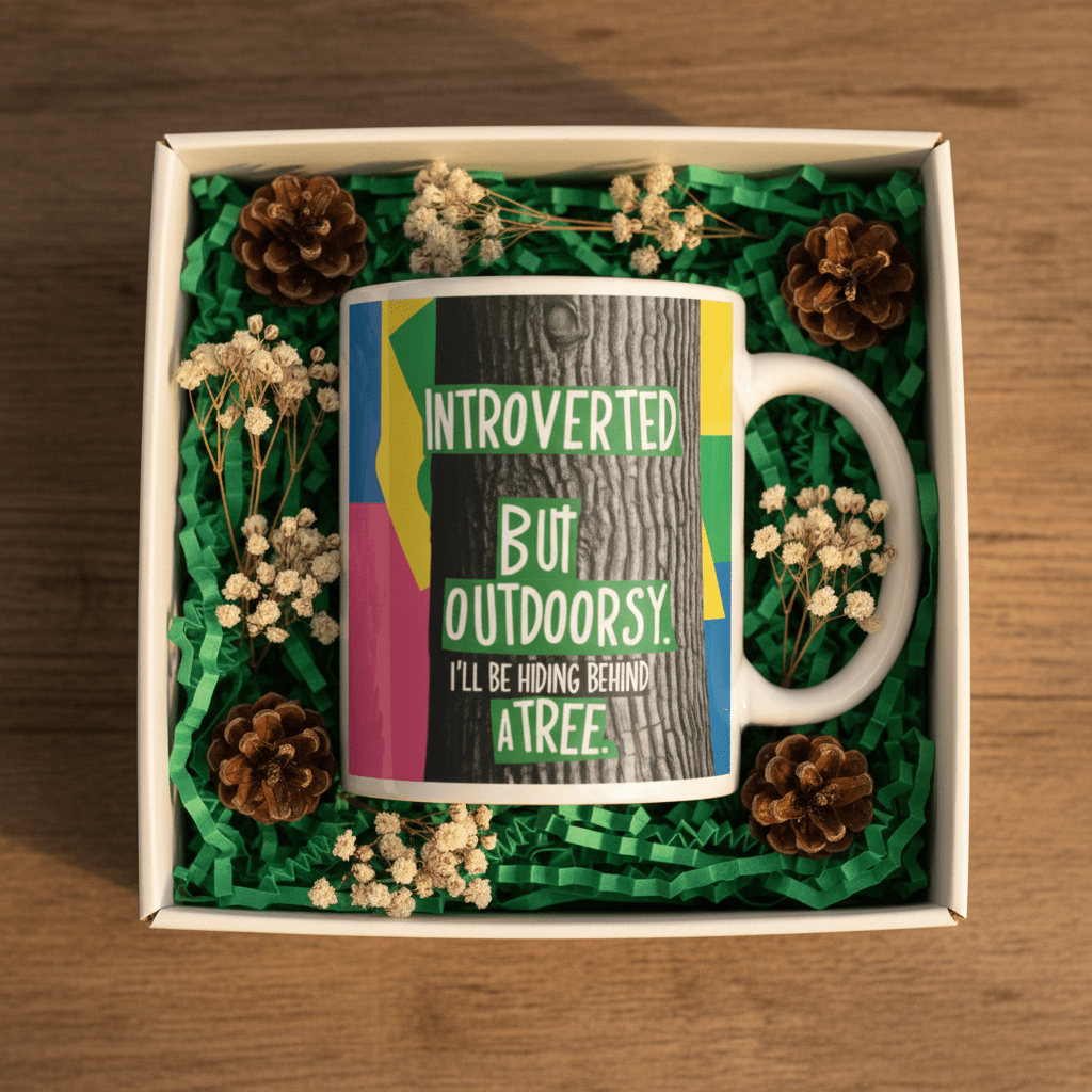 White mug in a gift box with green outdoor text graphic and colorful geometric bands.