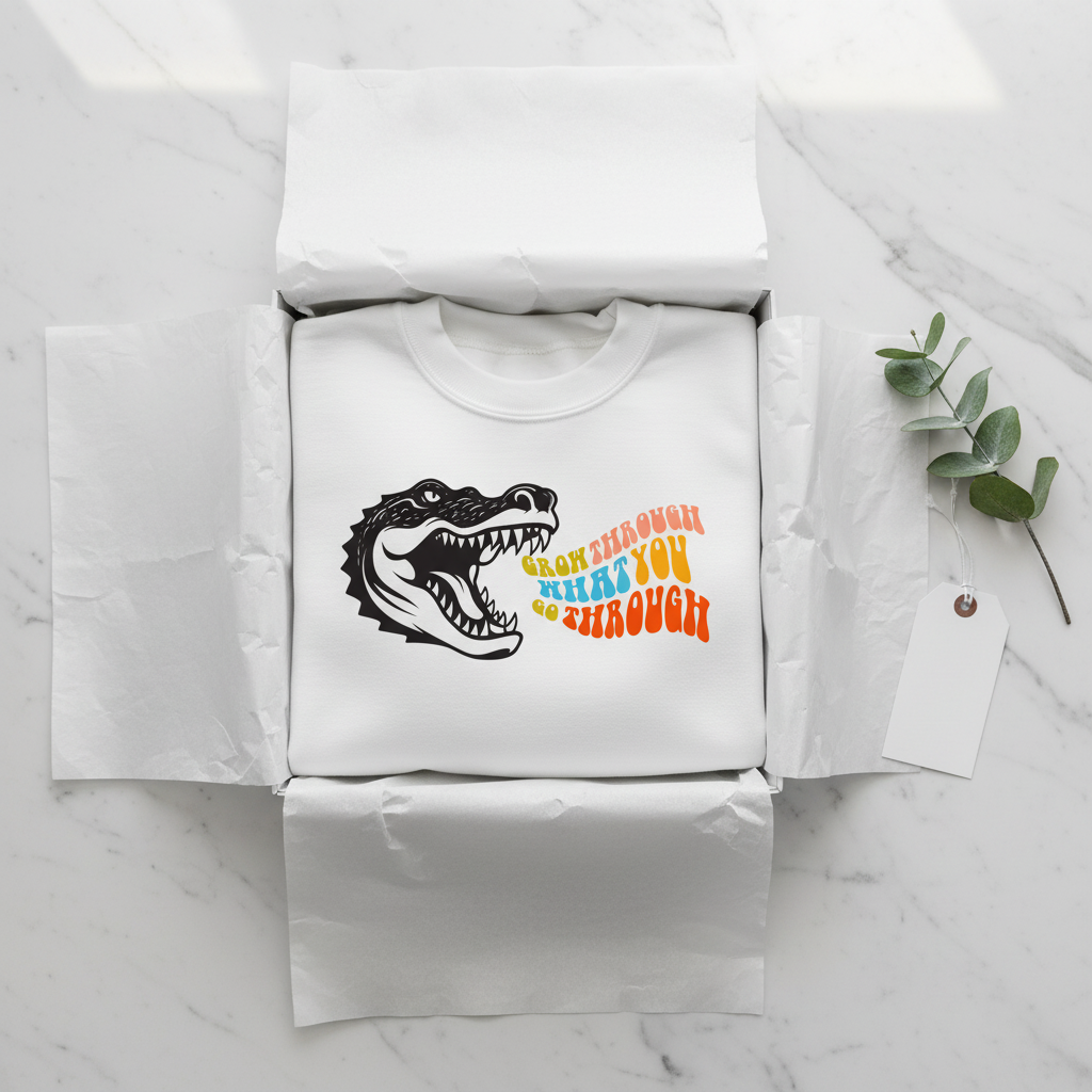 White sweatshirt with crocodile graphic on the front.