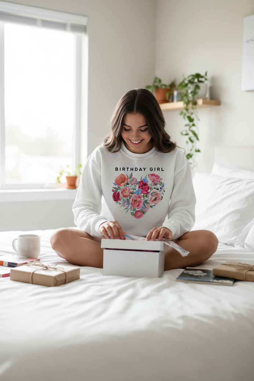 White sweatshirt with “BIRTHDAY GIRL” and colorful floral heart graphic