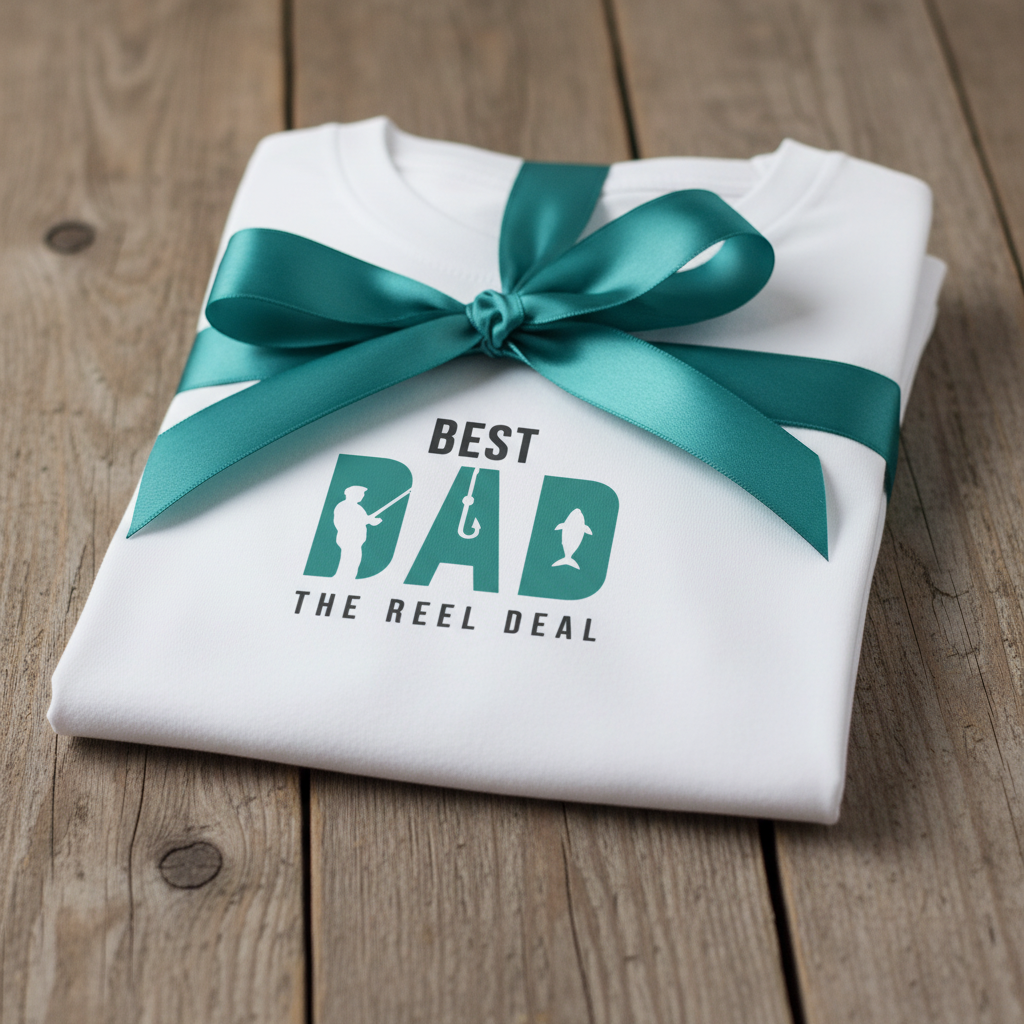 White T-shirt with teal retro typography graphic, teal gift ribbon bow