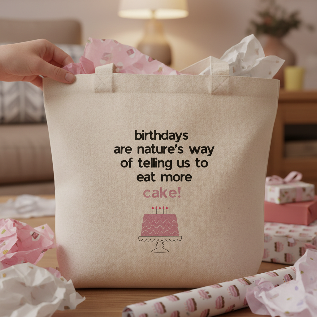 Cream canvas tote bag front with birthday quote and pink cake graphic in hand
