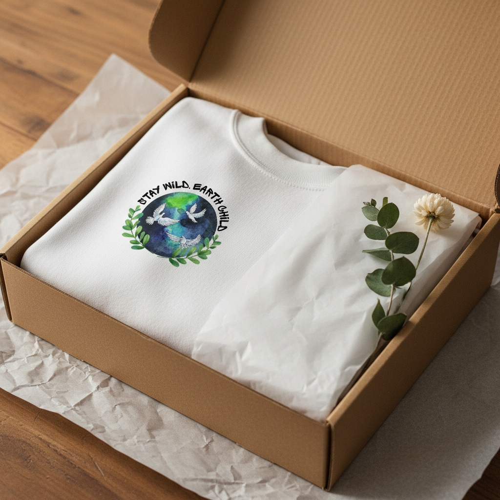 White kids sweatshirt in a gift box with circular Earth birds graphic