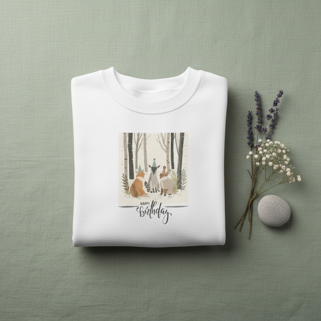 White sweatshirt with crew neck and woodland animals Happy Birthday graphic on chest