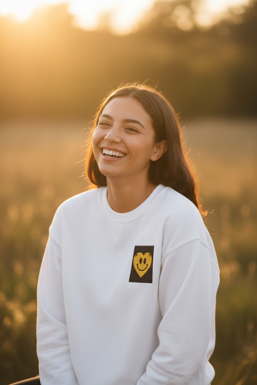 White sweatshirt with embroidered yellow smiley heart patch on the chest.