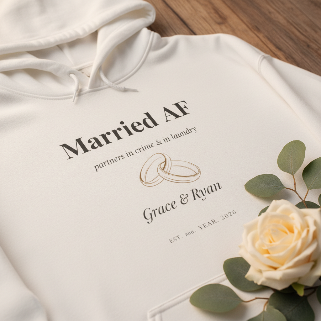 White couples hoodie close-up with “Married AF” print and ring graphic on chest