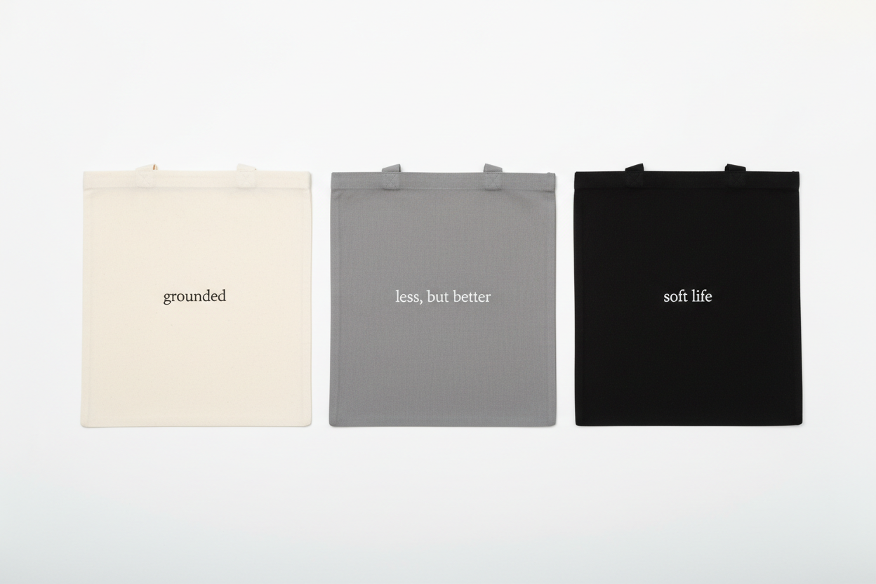 White grounded, grey less but better, black soft life totes - white background